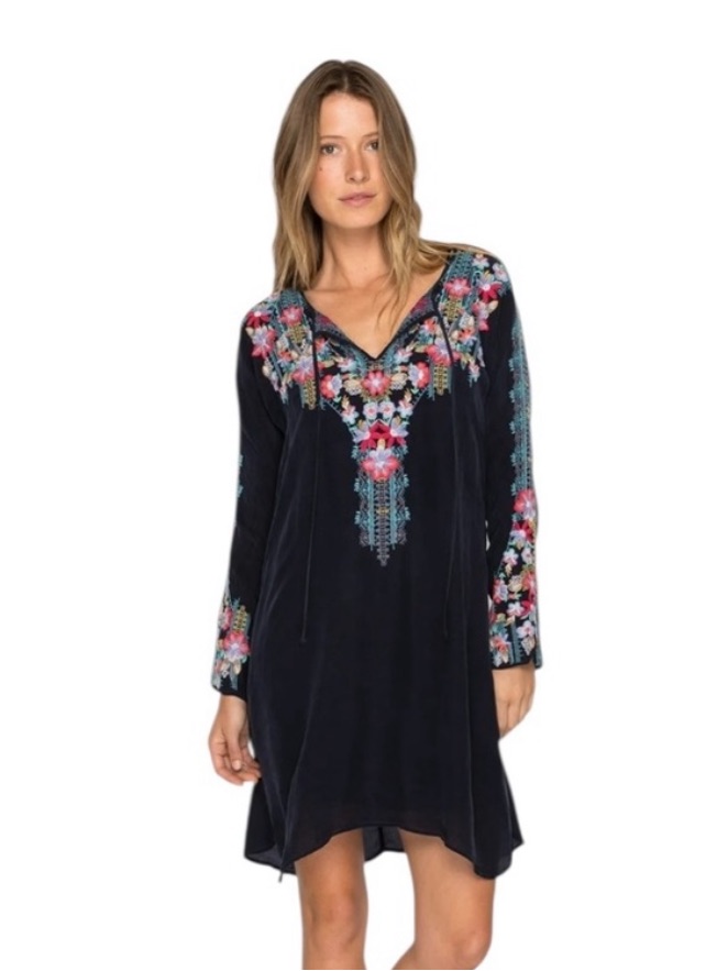 Johnny Was Black Tanyah Tunic Dress Long Sleeve Floral Embroidery Size Small